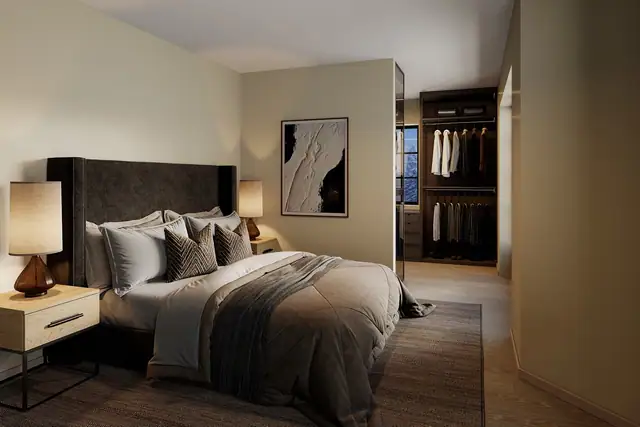 I andre etasje finner man boligens soverom, inkludert hovedsoverommet som har en-suite løsning med eget bad. Her er bilde av hovedsoverom i hus 2. Bildene er illustrasjoner av husene og avvik kan forekomme.