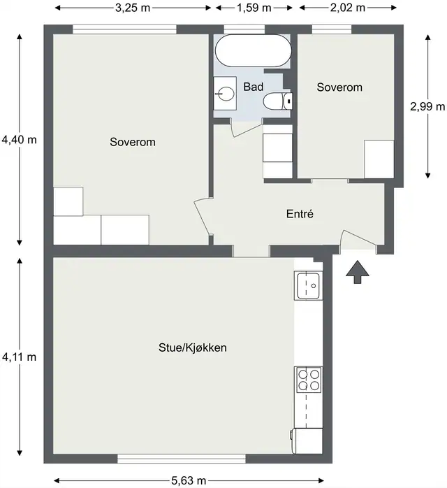 Plantegning. Leiligheten disponerer i tillegg en kjellerbod på ca. 5 kvm og en loftsbod på ca. 3 kvm.