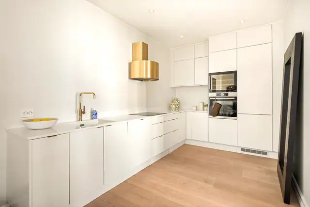 Påkostet kjøkken med kompositt benkeplate, Røros Luna kjøkkenhette i børstet messing, Bosch stekeovn, Franke pure vask og downlights i taket.