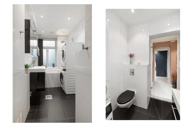 Badet er innredet med nedfelt servant, veggmontert toalett, innmurt badekar med luke, vindu og opplegg for vaskemaskin. Våtrommet har avtrekksventilasjon med elektrisk vifte.