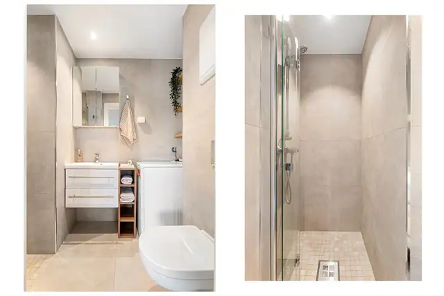 Delikat baderom pusset opp i 2020. Badet har tidsriktige farge- og materialvalg med fliser, downlights og gulvvarme.