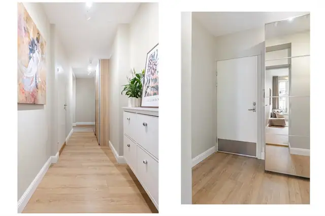 Lys og innbydende entré som gir et flott førsteinntrykk av leiligheten. Her er det gode oppbevaringsmuligheter for yttertøy og sko i en romslig skyvedørsgarderobe.