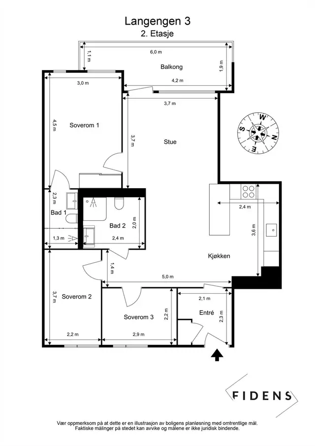 Plantegning (Soverom 3 brukes i dag som en walk in garderobe)